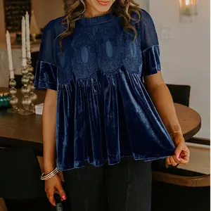 EncoLax Women's Velvet Lace Blouse Casual Round Neck Short Sleeve Flared Swing Top Elegant Loose Intricate Back Design