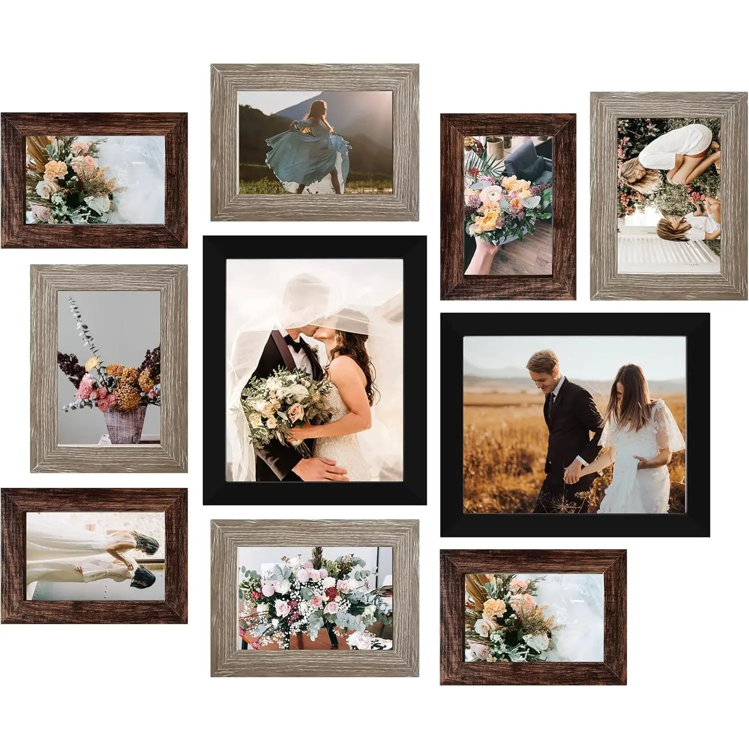 Classic Wood Photo Frame Collage Set 10-Pack - Framed Decor for Room, Gallery Wall Kit with 8x10, 5x7, 4x6 Sizes in 3 Different Finishes