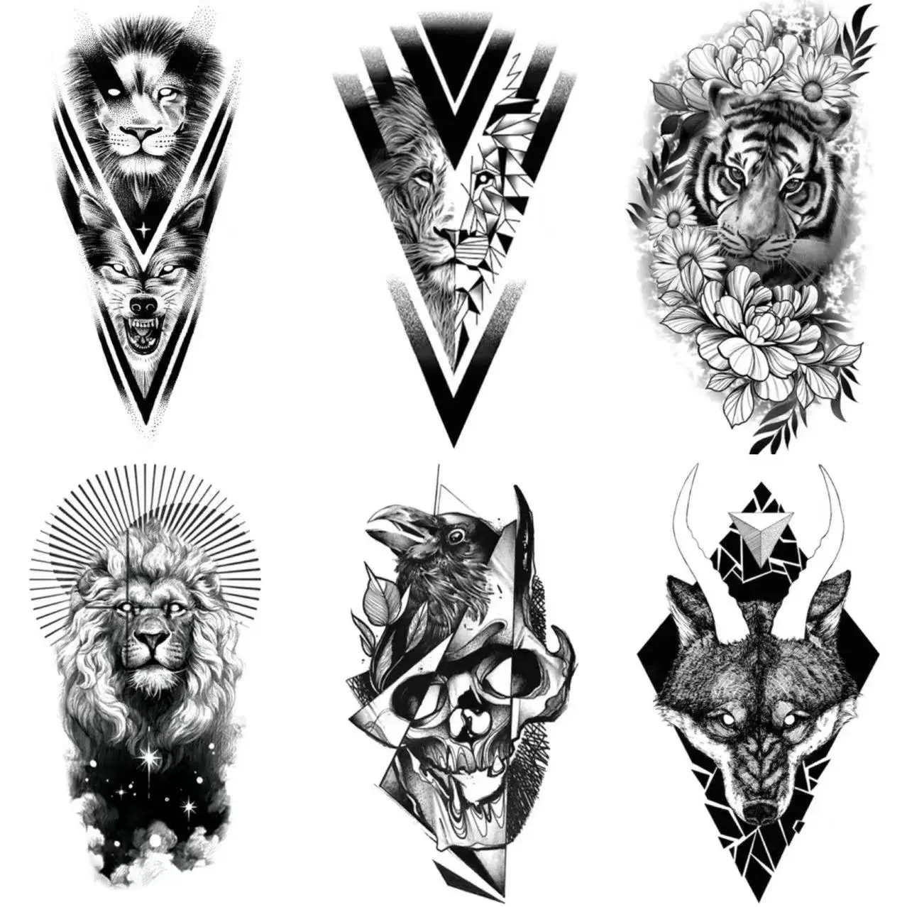 BAGHPBM Realistic Temporary Tattoos Set, 6-Piece Dark-Themed Nontoxic Assorted Pre-Packaged Waterproof Tattoos with Wolf, Lion and Eagle Designs, Assorted Temporary Tattoos
