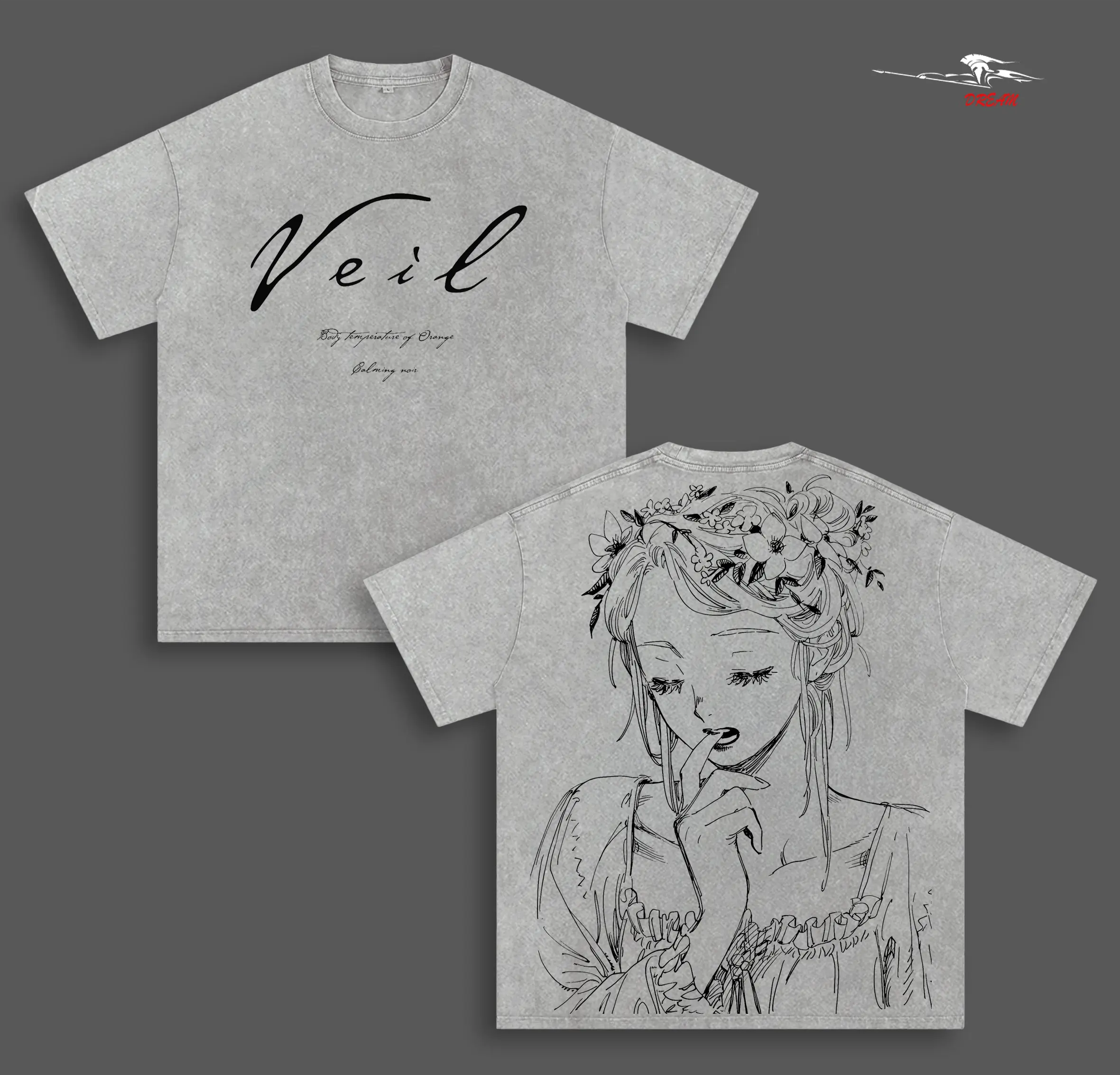 Emma Veil Manga Anime Double Printed Vintage Washed Tee Unisex Oversize Heavyweight Cotton T-shirt for Anime Fans and Lovers
