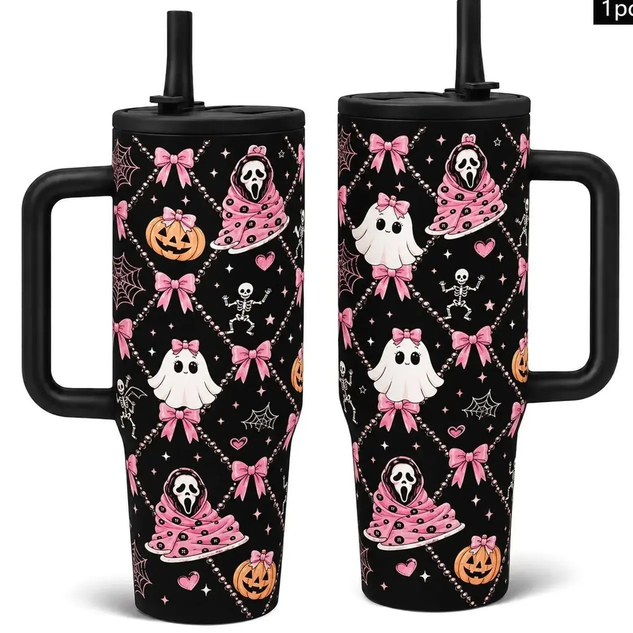 [MADE IN US] Vacuum Insulated Tumbler Pink Coquette Ghost Screaming with Lid and Straw - Stainless Steel Travel Coffee Mug Double Wall Hot & Cold Drink Cup Leakproof Portable