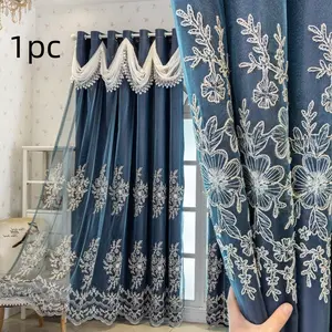 1pc Mist Blue Embroidered Floral Double-Layer Blackout Curtain, Insulating and Noise-Reducing, European Luxury Style for Living Room and Bedroom