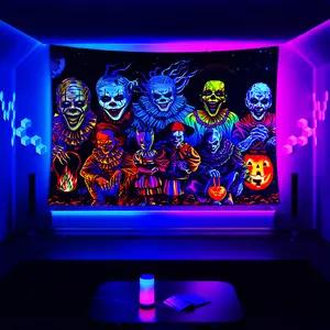 60X40 In [Horror Clown Tapestry] UV Reactive Horror Clown Tapestry |   Fluorescent Wall Hanging for Bedroom, Living Room, Office Decor - Black Light Compatible, Knit Polyester Fabric, 85 gsm, No Electricity Needed
