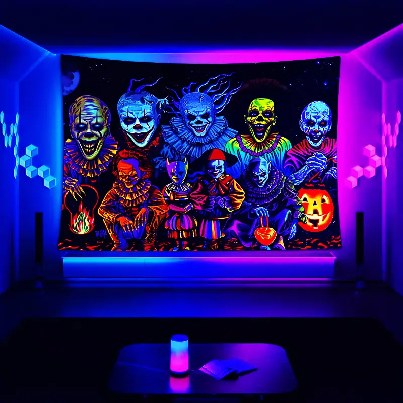 60x40 in Rectangular UV Reactive Horror Clown Tapestry - Fluorescent Knit Polyester Wall Hanging (85 gsm), Black Light Compatible, Digital Print, No Electricity Needed, Sunset Design, Polyester Fits, Hand Wash Ok, Rolled Edge for Bedroom Decor