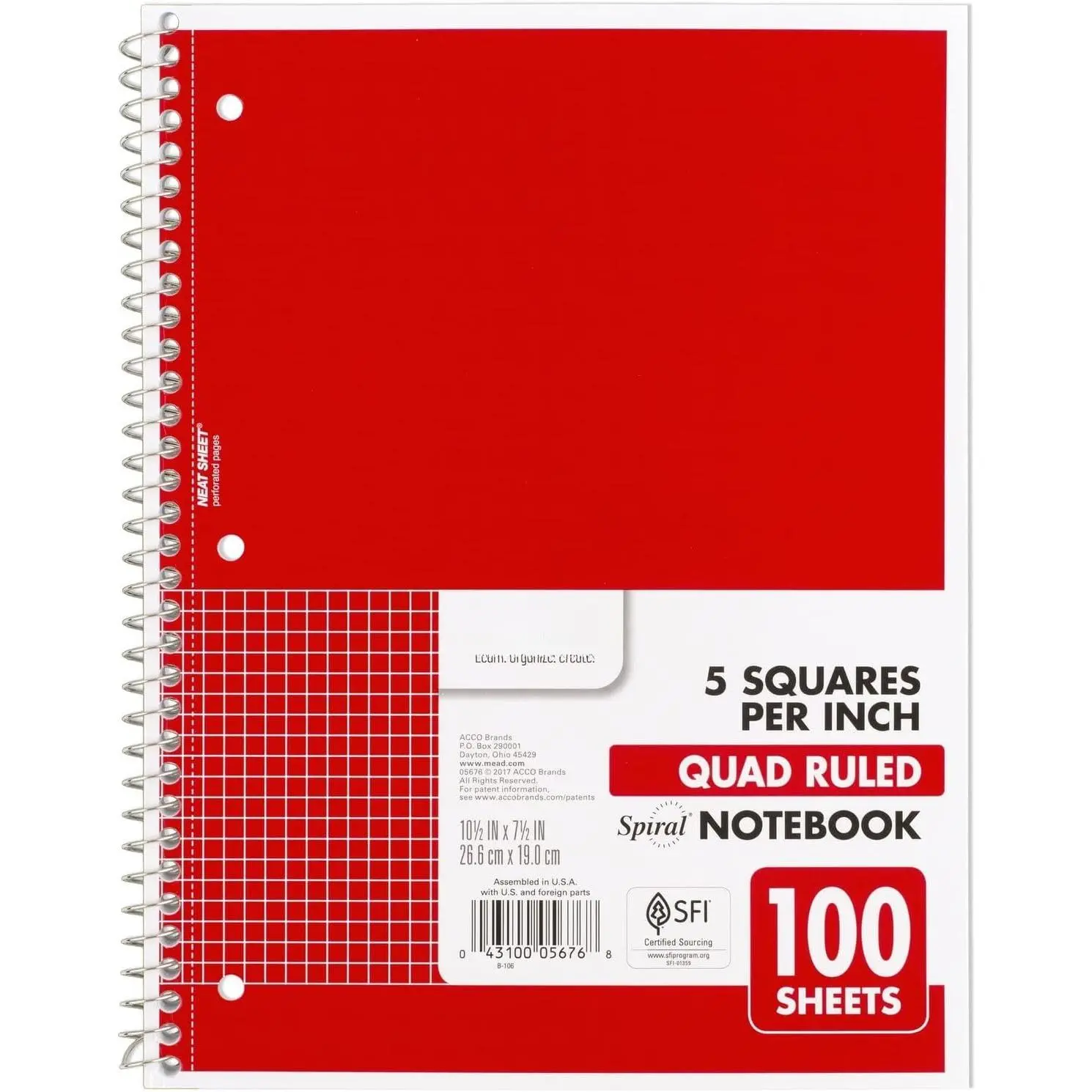 Spiral Notebook, 1 Subject, Graph Ruled Paper, 7-1/2" x 10-1/2", 100 Sheets, Fire Red (05676AB5)