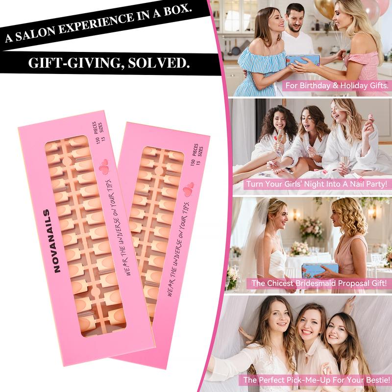 NOVANAILS French Tip Press On Kit 150Pcs Medium Square Skin Tones Gel Nail Tips Starter Kit for Gift and Nail Art DIY,Decorations Rhinestone Art Glue with Brushes Nude Acrylic Powder