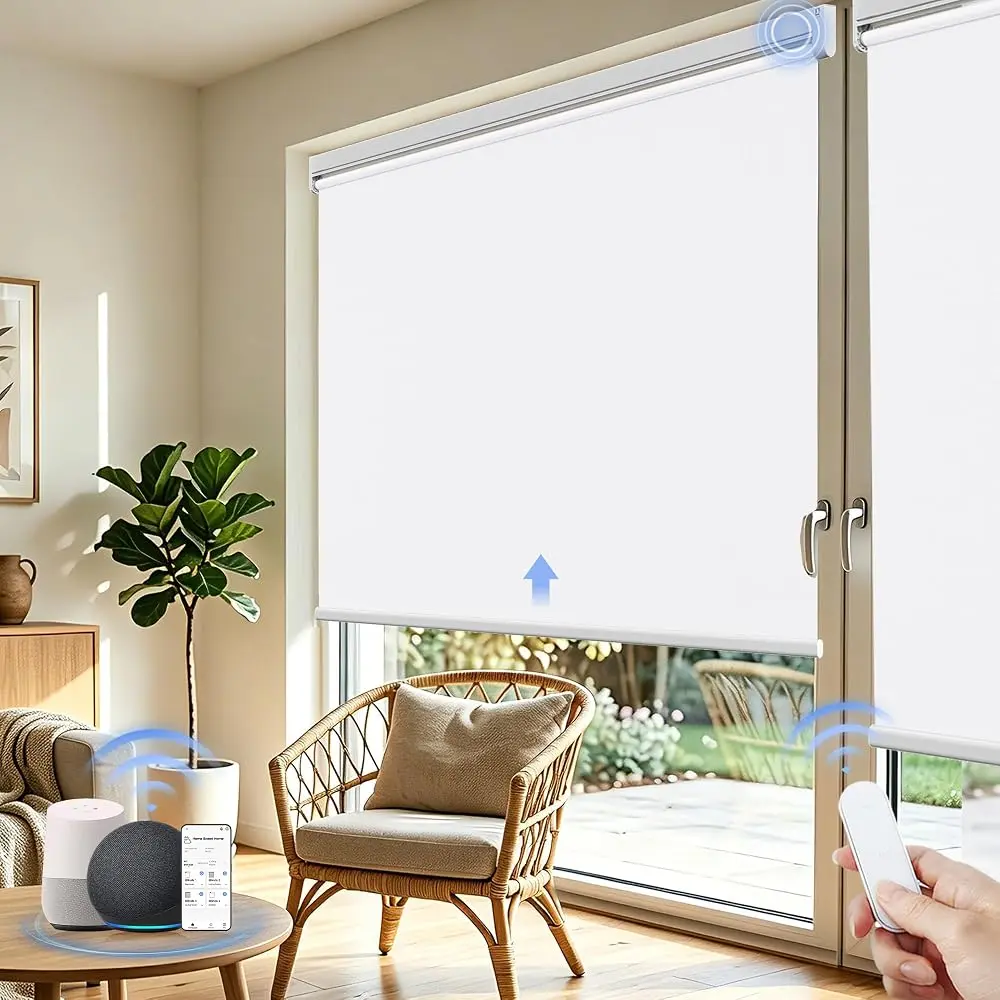 Grandekor Motorized Roller Shades with Remote Control, 100% Blackout Electric Cordless Window Blinds, Light Blocking Shades for Bedroom Living Room Office