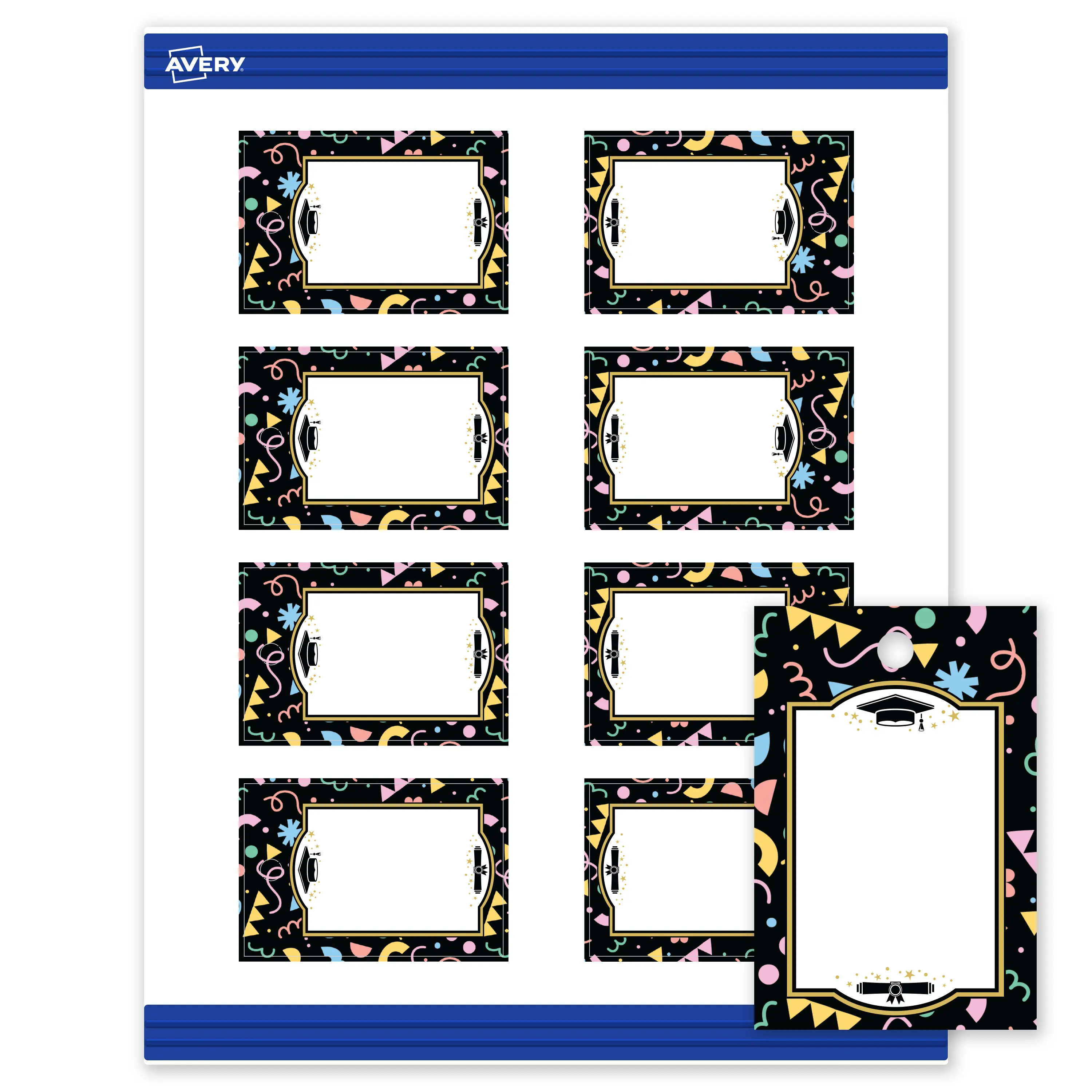 Avery® Printable Rectangle Tags, 2" x 3", Matte White, Sure Feed® Technology, Pre-printed Gold & Confetti Graduation Design Great for Grad Parties, Laser & Inkjet Compatible, 80 Total