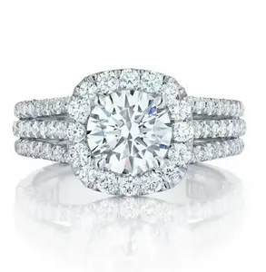 Platinum Plated Cushion Halo 3-Row Pave CZ Engagement Ring Set, Versatile Exquisite Cubic Zirconia Jewelry Gift for Women Proposal Anniversary Birthday