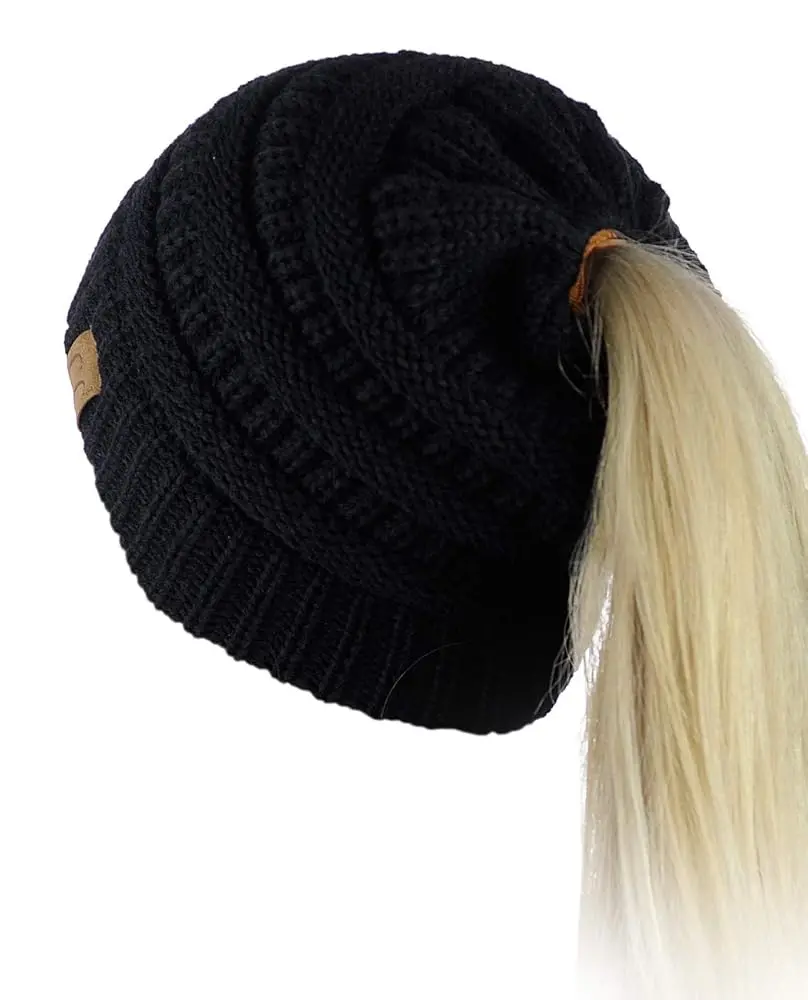 C.C Stylish Soft Stretch BeanieTail for Messy Bun High Ponytail - Black