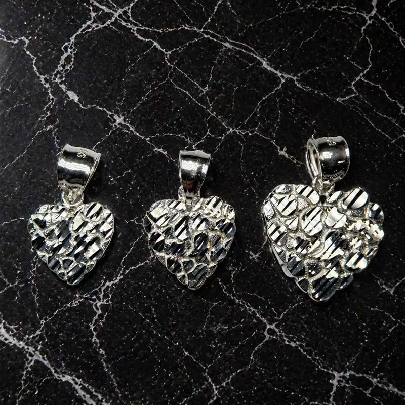 925 Sterling Silver Nugget Heart Pendant-Diamond Cut and Polish