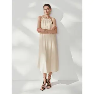 URBAN REVIVO 2026 Spring Women's Cotton-Viscose Blend Halter-Style Casual Maxi Dress - Sleeveless Double Straps, Ruched Detail, Flowy Fabric, Chic Casual Wear, UWH750086, Halter-Style Casual Dresses