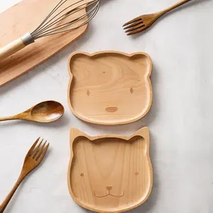 SongTai Creative Cartoon Wooden Tray Large Household Wooden Breakfast Plate for Cups Cute Solid Wood Tableware for Cakes and Desserts Rustic Faux Charger