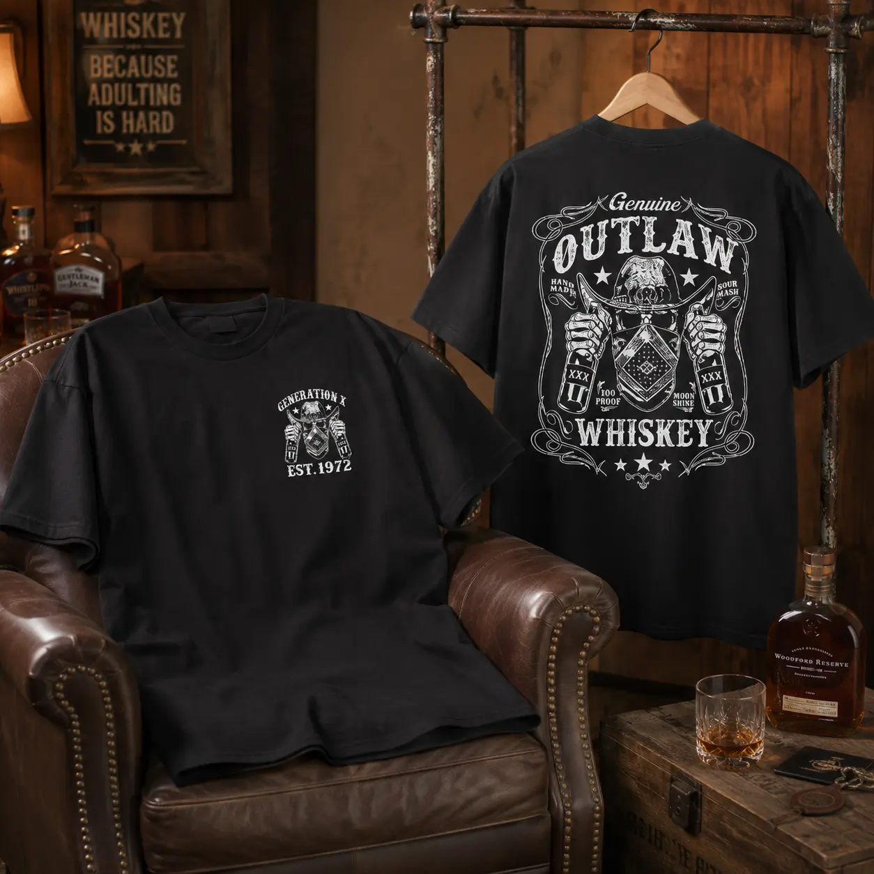 Gen X Western Graphic T-Shirt, Outlaw Skull Black Tee, Vintage Bar Style Gift for Men