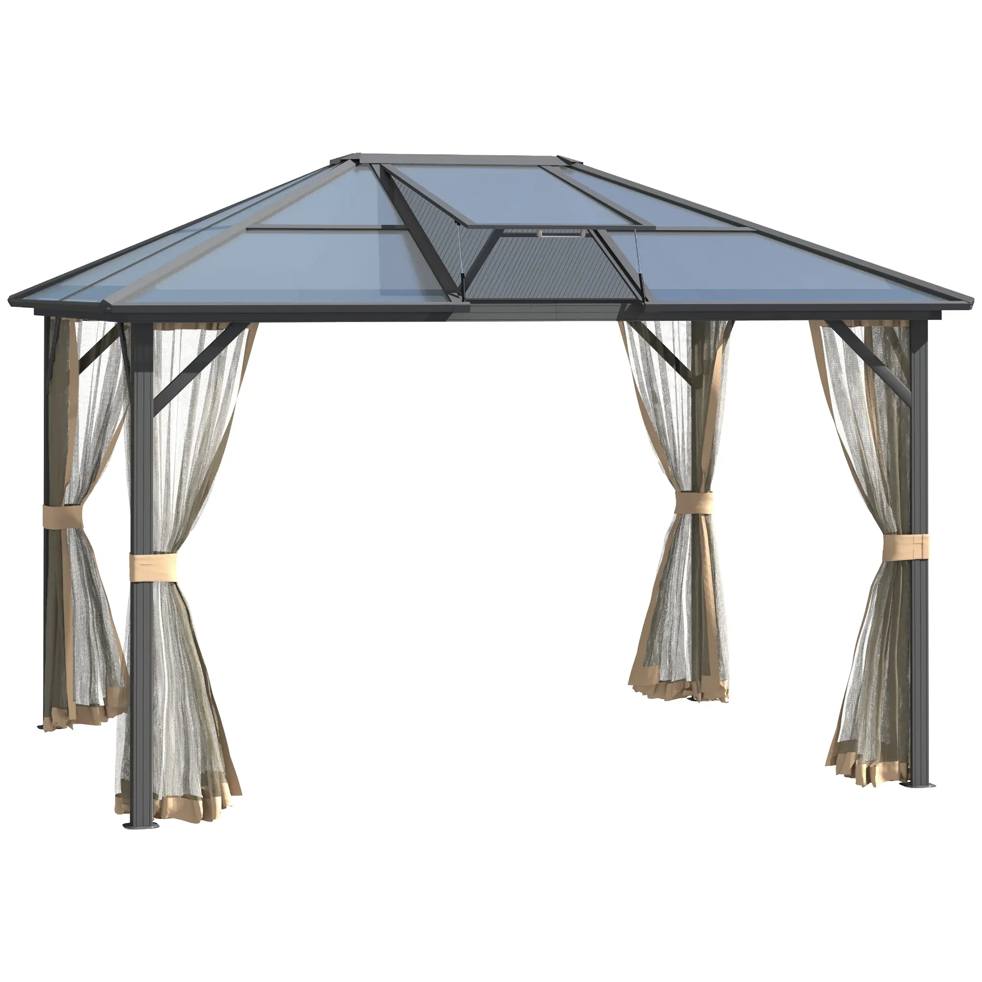 Outsunny 10' x 12' Hardtop Gazebo Canopy with Polycarbonate Roof, Aluminum Frame, Permanent Pavilion Outdoor Gazebo with Netting, for Patio, Garden, Backyard, Deck, Lawn, Gray, Brown