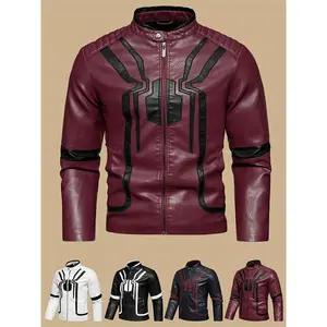 [Stylish PU Leather Spider Jacket] Men's Color Blocking Spider Pattern Stylish PU Leather Jacket, Multi-pocket Street Style Retro Classic Bomber Jacket
