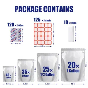 120 Mylar Bags for Food Storage with Oxygen Absorbers 300cc, 8 Mil 1Gallon 10"x14", 7.5"x11.5", 6"x9", 4.3"x6.3" Stand-Up Zipper Resealable Bags & Heat Sealable Food Storage Bags + Labels