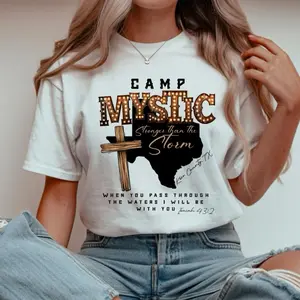 Camp Mystic Comfort Colors Ivory Tee - Hill Country Strong Design with Cross & State Flag Motif Women's Casual Round Neck Short Sleeve Tshirt for Summer Women's Wear Fit Love Oversized 100% Cotton Made in USA