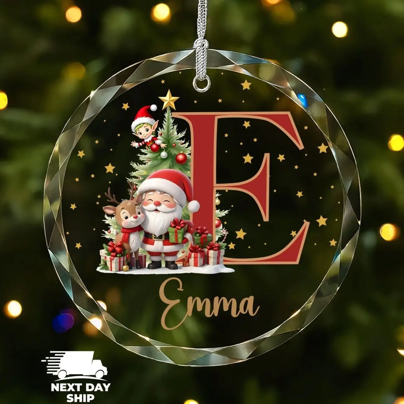 Custom Christmas Initial Glass Ornament, Cute Santa Ornament, Personalized Christmas Tree Decor