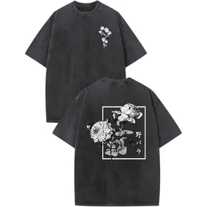 Japanese Graphic Tees for Men Harajuku Rose Flower Floral Shirts Cool Vintage Oversized Streetwear Acid Wash Tops