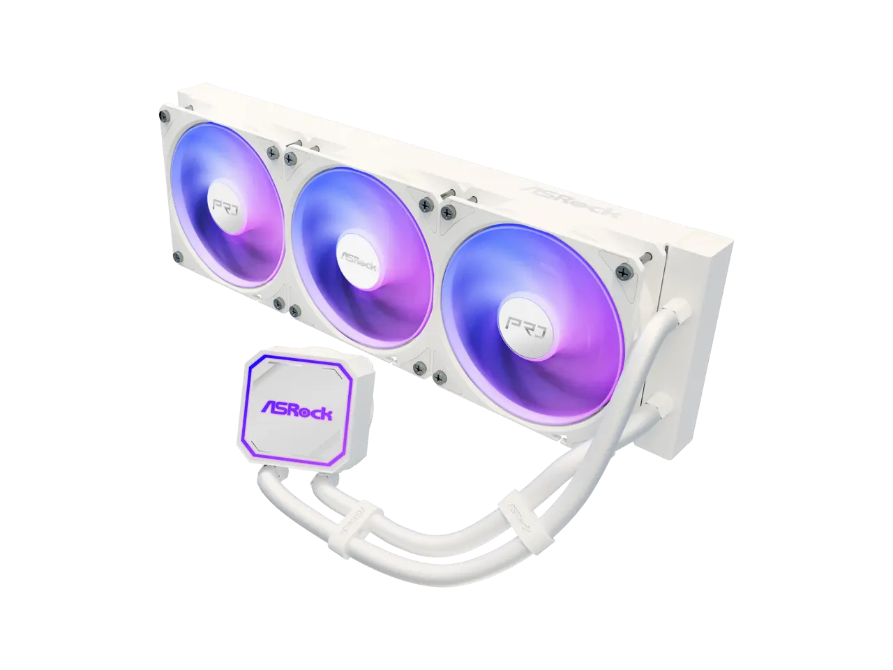 ASRock AIO PRO White 360 ARGB 27mm radiator, ARGB waterblock, ARGB Hub-lighting fan, white version ASRock AIO PRO White 360 ARGB 27mm radiator, ARGB waterblock, ARGB Hub-lighting fan, white version