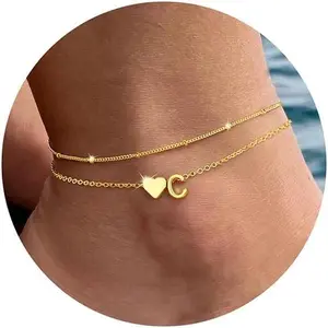 Initial Ankle Bracelets for Woen - Layered Heart Letter A-Z Initial Dainty  Anklets for Woen , Woens Anklets  Birthday Gifts