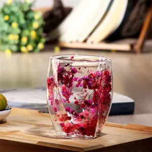Double Wall Glass Cup Clear Flowers Pattern Milk Tea Coffee Mug Home Water Cup Drinking Glasses Espresso Cups Personalized Mugs Stylish Glass Cups Drinking Glassware