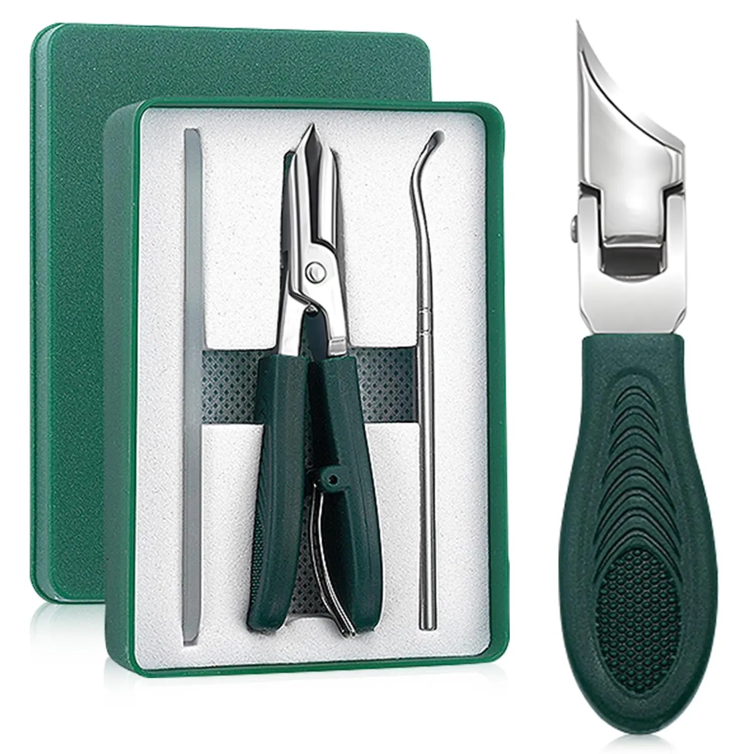3-Piece Eagle Beak Beveled Edge Angled Nail Clipper Set - Wide Jaw Opening, Anti-Splash, Long Handle, Daily Nail Care Manicure Pedicure Tool for Men (Green)