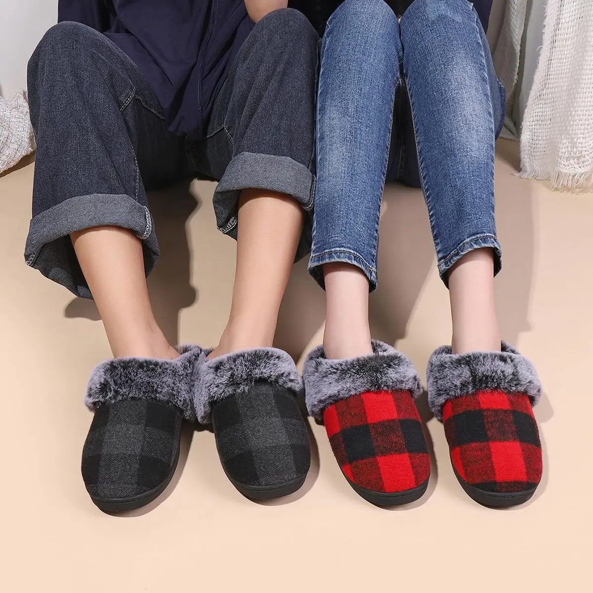 House Slippers for Woman Men, womens Checkered Slippers on House Shoes Cozy Memory Foam Scuff plaid Shoes with Fuzzy Faux Fur Comfortable Non-Slip Warm Fuzzy indoor outdoor