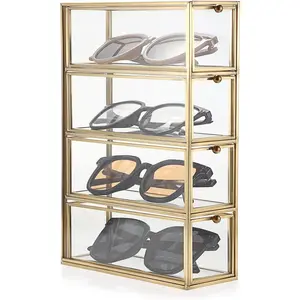 Sunglasses Organizer Box with 4 Drawers,  Metal Eyeglass Storage Holder Eyewear Display Case, Clear Glass Multiple Drawer Organizer for Glasses  Watch  Makeup