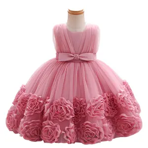 Girls Pink 3D Rose Princess Dress Puffy Tulle Birthday Party Flower Girl Dress
