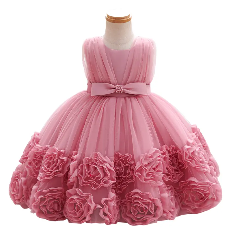 Girls Pink 3D Rose Princess Dress Puffy Tulle  Party Flower Girl Dress first birthday