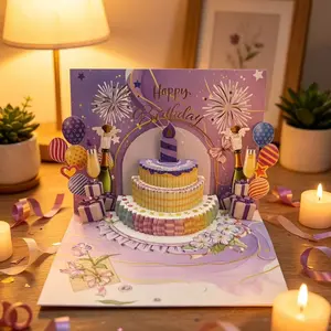 3D Pop Up Pink Birthday Card with Blowable LED Candle & Happy Birthday Song, Interactive Fireworks Light Show Greeting Card for Her, Magic Blow Out Sensor Triggers Cheers & Applause, 24 Fiber Optic LEDs Dancing Lights, Includes Envelope