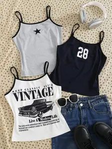 3-piece set of vintage printed camisoles for girls, featuring stars, number 28, and vintage car patterns with thin shoulder straps and sleeveless tops, available in gray, navy blue, and white, suitable for girls and teenagers