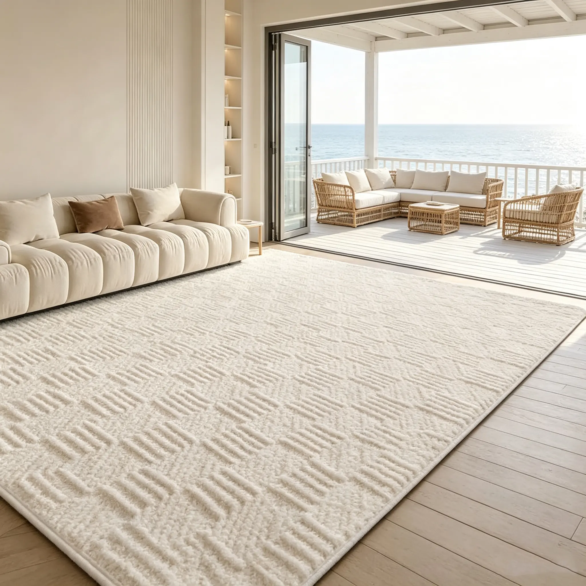 Premium Cream Area Rug for Home Decor, Soft Plush 3D Geometric Carpet, Neutral Off-White Mat for Living Room, Bedroom, Dorm Room, Apartment, Modern Aesthetic Upgrade