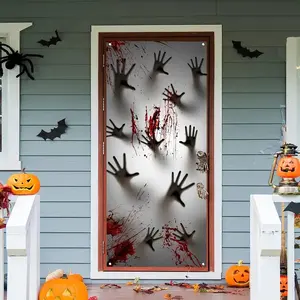 Halloween Blood Handprint Pattern Door Banner, Yard Sign Banner, 1 Count Scary Door Decoration, Halloween Party Decoration Supplies, Home Decor