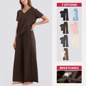 SHOWITTY Soft Women's Lounge Set, V-Neck Short Sleeve Top & Wide Leg Pants with Pockets, Casual Travel & Fall Loungewear