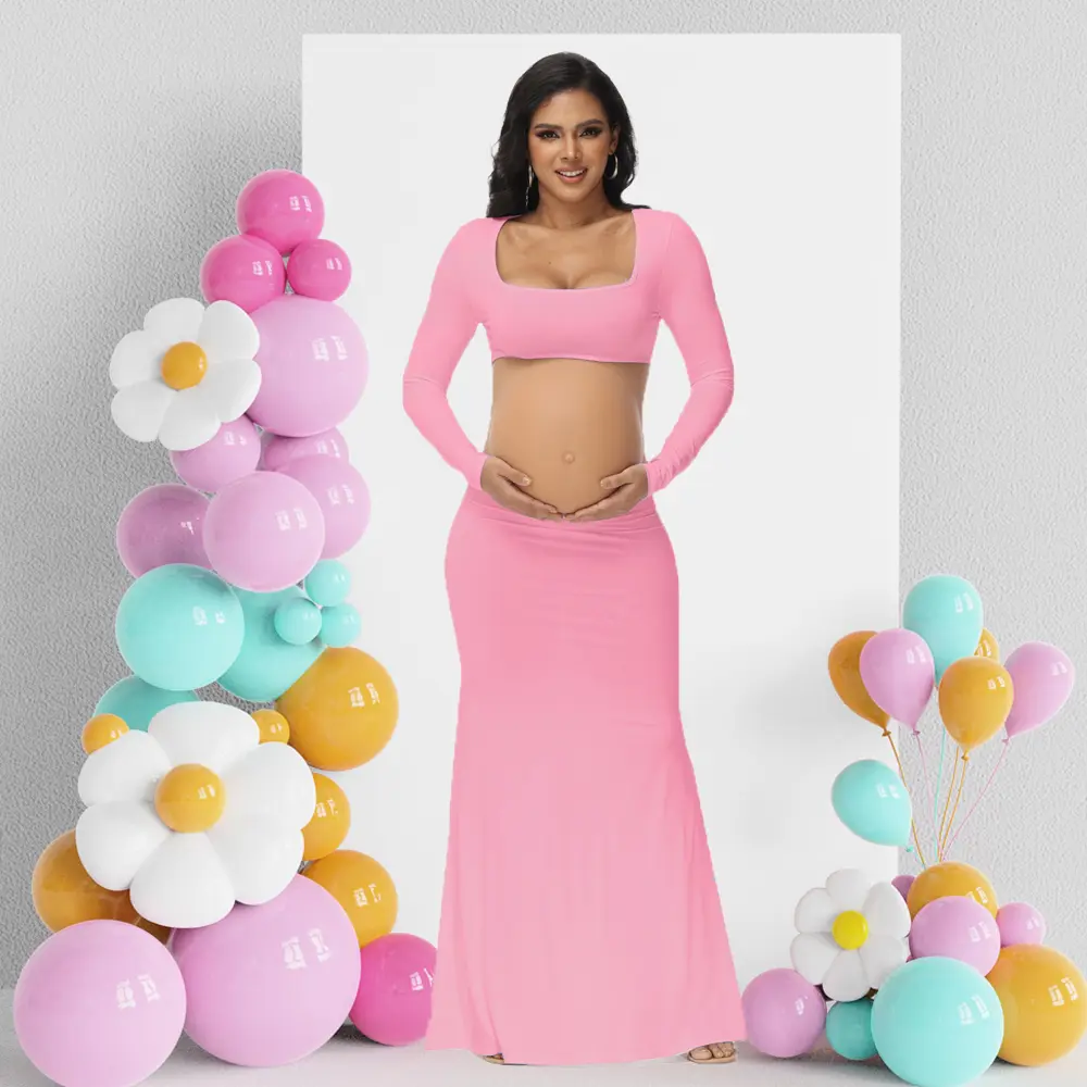 Maternity Gown, Below Ankle Long Sleeve Open Back Party Dress with Square Neck and Cut-Out Detail, Polyester Blend Pregnancy Clothes, S, Maternity Dresses, Pregnancy Reveal Clothing