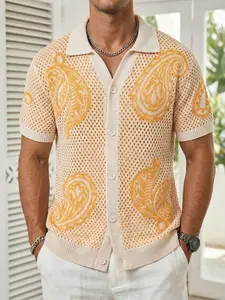 Spring/Summer unisex men’s color-block knit top with irregular embroidery patterns, polo collar, mesh cutout design; comfortable casual wear for vacations, commuting, and streetwear; versatile short-sleeve cardigan sweater.