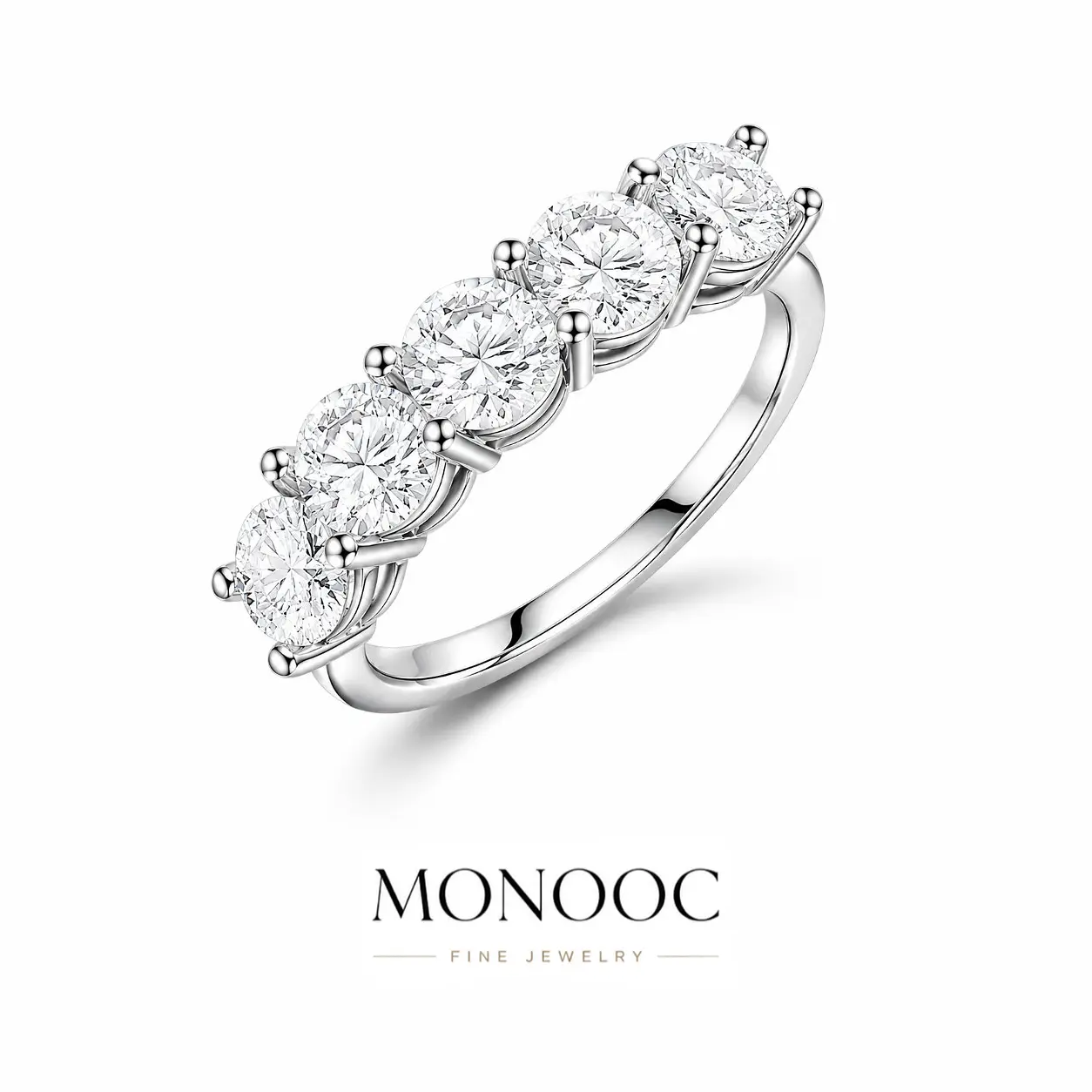 MONOOC 1.5CT 5 Stone Moissanite Ring for Women D Color VVS1 Round Cut Engagement Ring Sparkling Wedding Anniversary Birthday Jewelry Gift