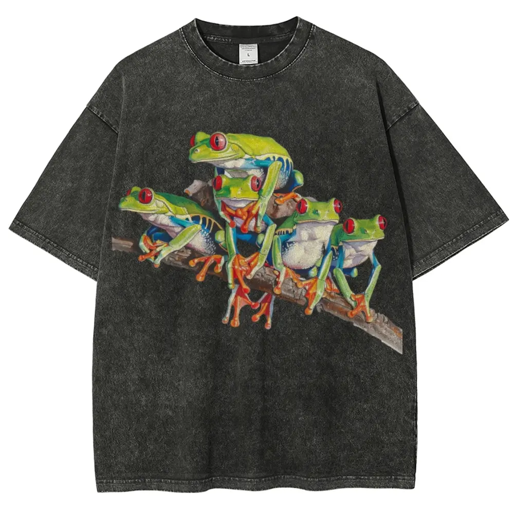 Men's Vintage Distressed T-Shirt, Washed Cotton Streetwear with Whimsical Frog Graphic, Round Neck Short-Sleeve Loose Oversize Fit, Tops, Tshirt, Menswear, Sports, Figure, All Seasons, Graphic Print, Oversized, Shortsleeve, Crew Neck, Casual Fit