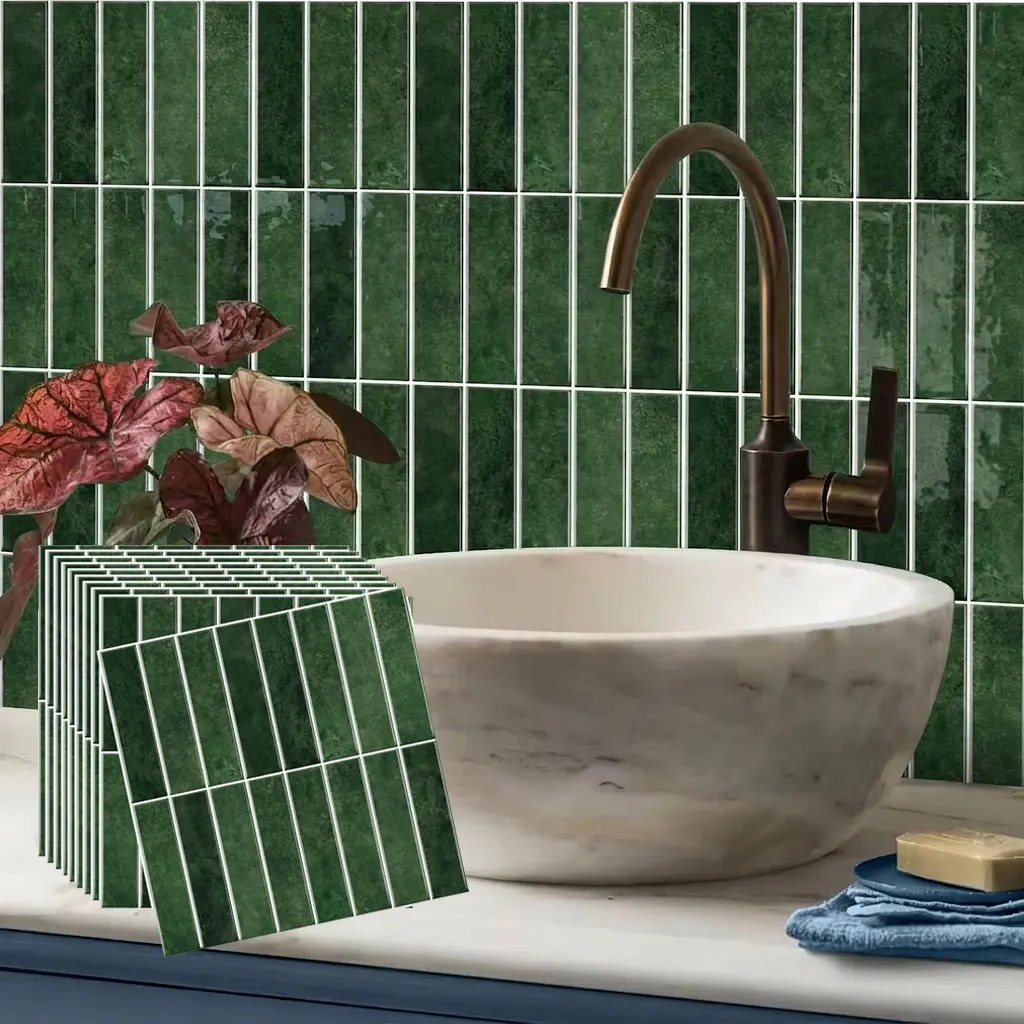 3D Peel-and-Stick Dark Green Marble Mosaic Tile - Removable, Waterproof, Oil-Proof Self-Adhesive Backsplash Wallpaper for Rental Apartment Kitchen Decor, Damage-Free Retro Cabinet & Wall Covering for Easy DIY Home Renovation