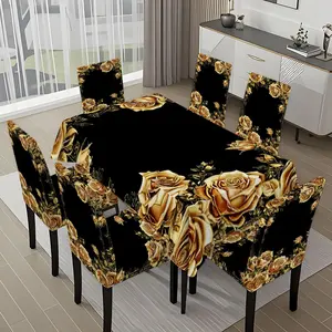 5/7-piece 2D Flat Printing Black and Gold Rose Decoration Printing Pattern Tablecloth and Chair Cover Set, for dining table and chair decoration, perfect for home, holiday gatherings, restaurants, and parties.