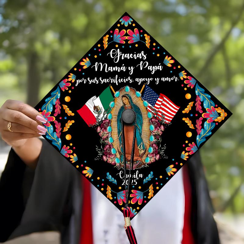 Personalized Gracias Mamá y Papá Guadalupe Printed Grad Cap Topper, Mexican Grad Cap Topper, Latin Graduation Decoration, Class of 2025