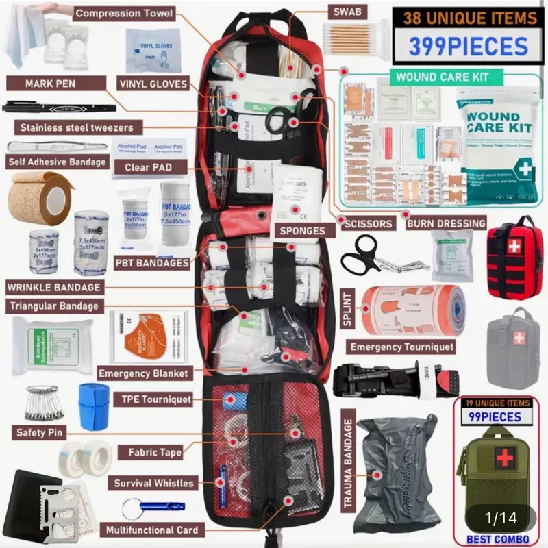 399pcss/99pcs Professional Portable First Aid Kit Survival Gear For Hiking, Camping, Hunting, Car, Boat, Travel, Emergency Disaster Prep - Gifts For Men, Boyfriend, Valentine (Includes Scissors, Tweezers, Splints)