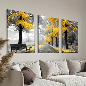 [Yellow Tree Background Decor Gift] 3pcs/set Yellow Tree And Black And White Background Framed Canvas Poster, Modern Wall Art for Bedroom, Living Room, and Corridor, Ideal Decor and Room Decoration Gift