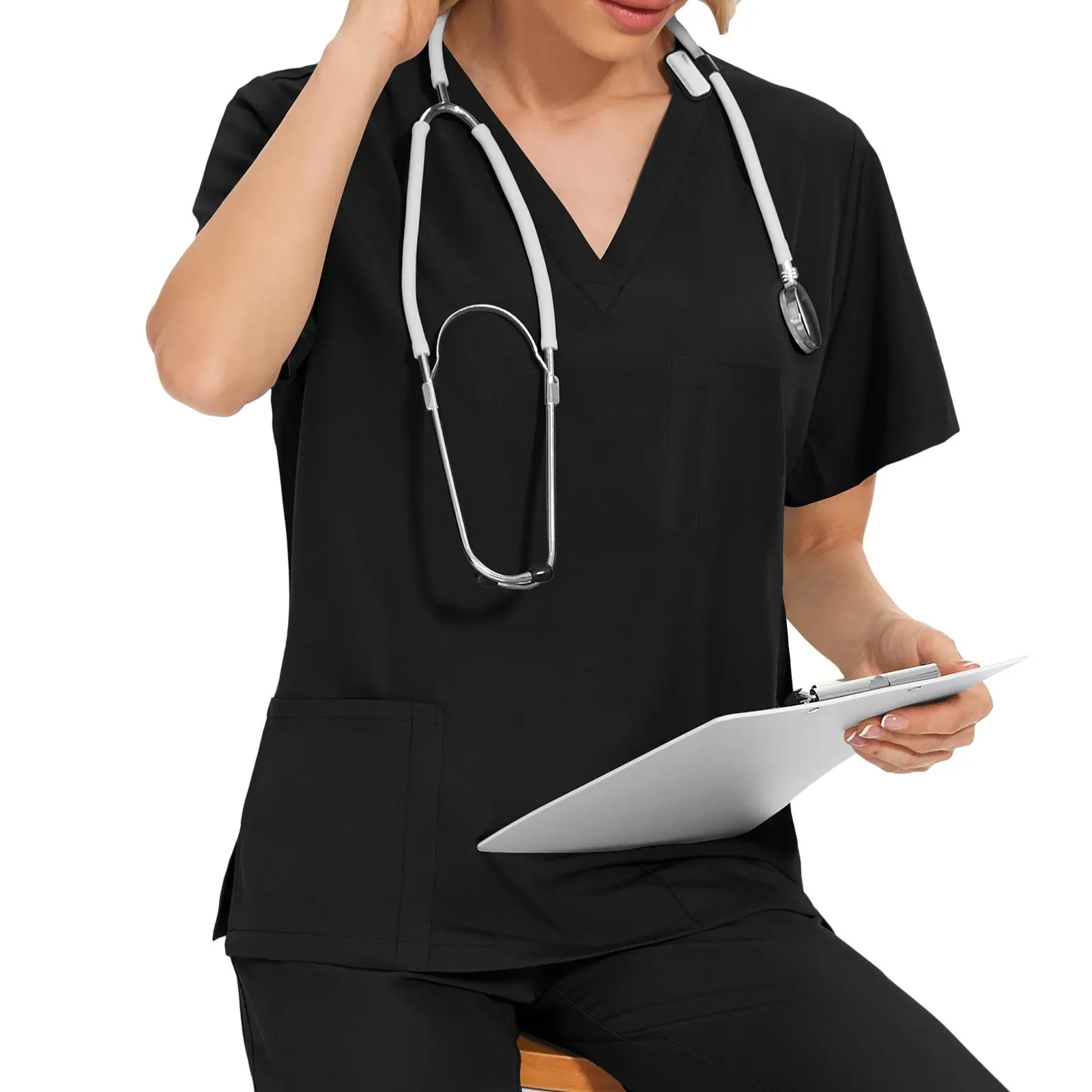 FUSHUAIGE Unisex Workwear Scrubs Set: Suit Pet Shop Doctor Medical Surgery, Nurse Uniform Short Sleeve Tops+Pants, Nursing Uniforms
