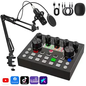 V8S external sound card set Live Sound Cards audio interface DJ mixer with BM-800 condenser microphone set, used as a professional podcast equipment for live streaming, recording, singing, gaming, home KTV, YouTube, and TikTok content creation