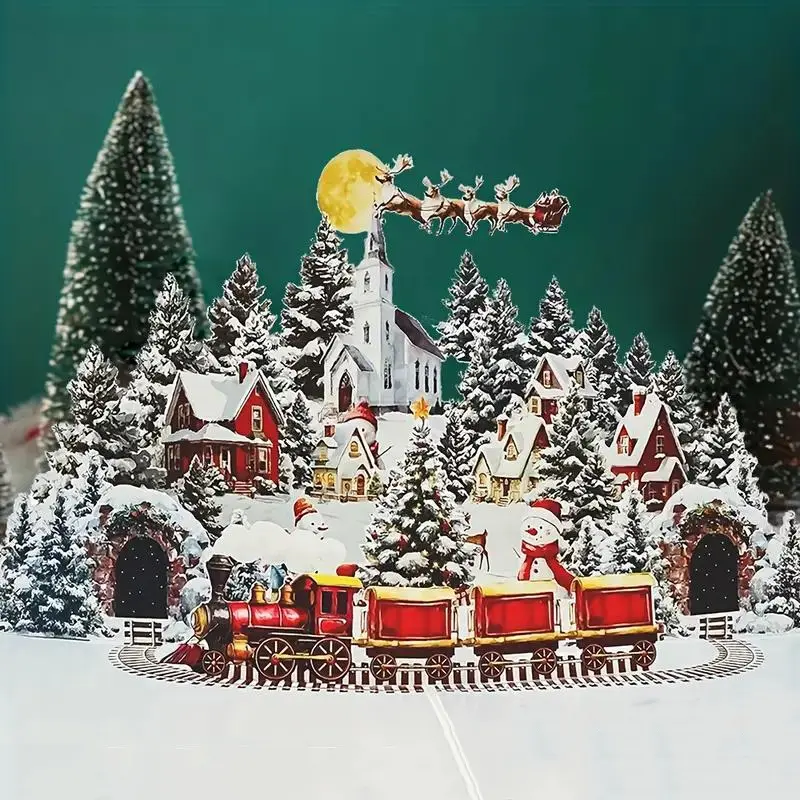 3D Pop-Up Christmas Card – Santa, Reindeer & Snowy Village Scene, Moonlit Sky | TikTok Trending Holiday Greeting Card, Cute Christmas Card for Friends & Family, Festive Illustration Design, Unique Xmas Gift Idea