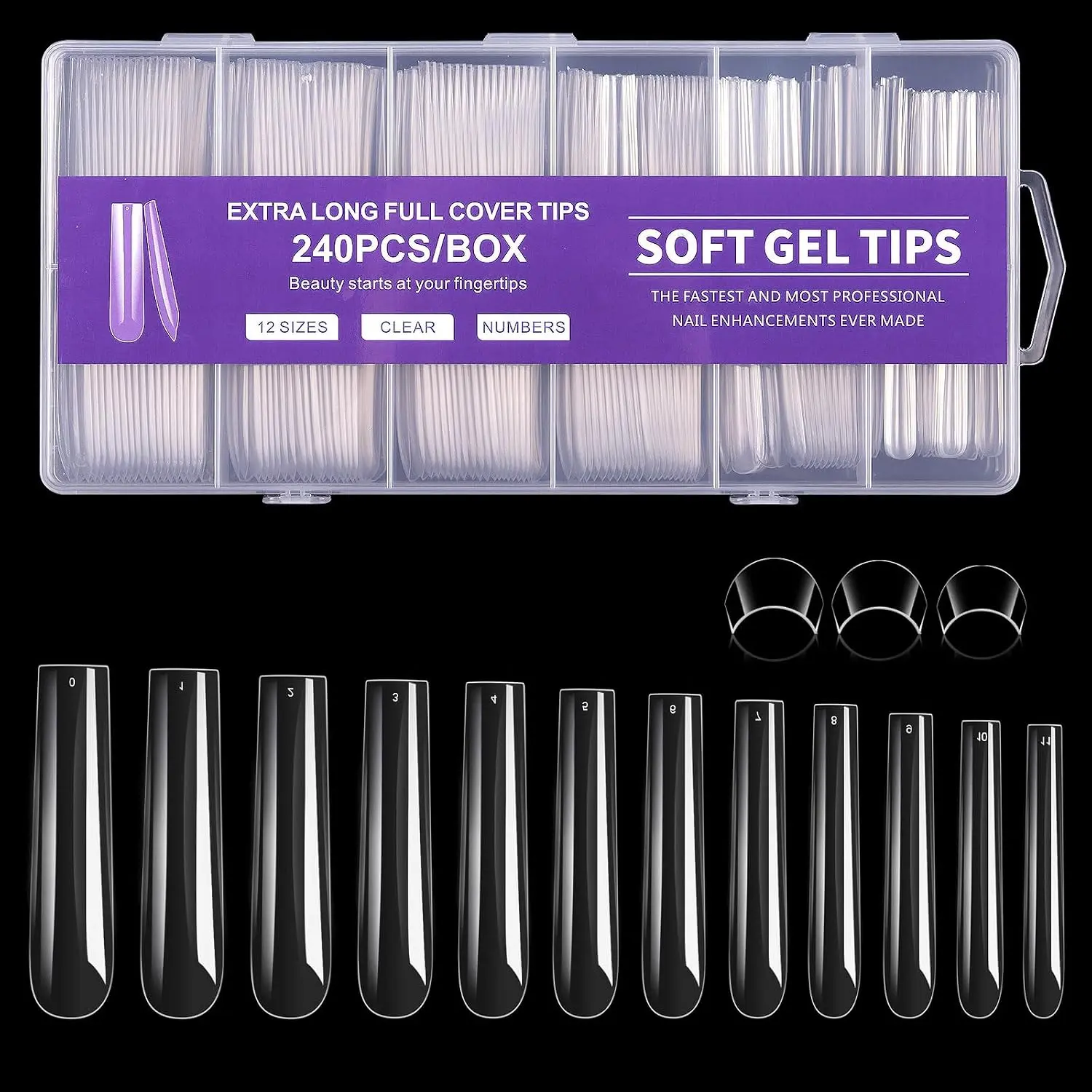 Long Square Nail Tips, 240Pcs Full Cover Soft Gel Nail Tips Pre-Etched 3XL Square Clear Acrylic False Nail Fake Nail Extension Press On for Salon Home DIY 12 Sizes